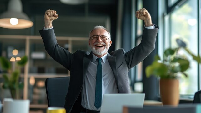 Portrait of old businessman celebrating succeed winner exited with arms raised victory business compettition goal