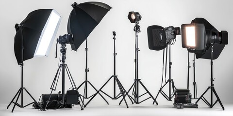 photograph of Professional lighting equipment isolated on white, set