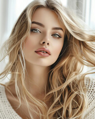 Naklejka premium Portrait of a Blonde Woman with Flowing Hair and Soft Makeup