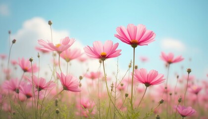 Fototapeta premium Field of Cheerful Pink Cosmos Flowers with Yellow Centers Under a Bright Blue Sky