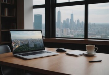 A laptop is open on a wooden desk in front of a window