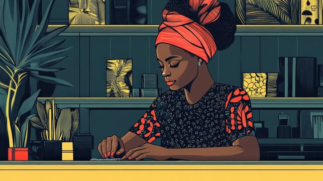 Chic Line Art Retro Illustration of African Woman Crafting Jewelry in Minimalistic Design Workshop with Playful Colors