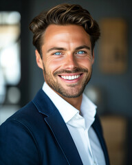 Naklejka premium Portrait of a smiling businessman with bright blue eyes in a formal suit