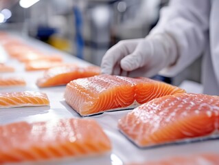 Fresh Salmon Fillet Production: Close-Up View