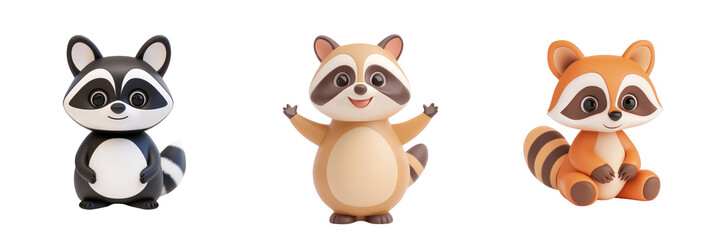 Three adorable, stylized raccoon figurines displayed against an isolated on transparent background, showcasing their playful expressions and distinct colors.