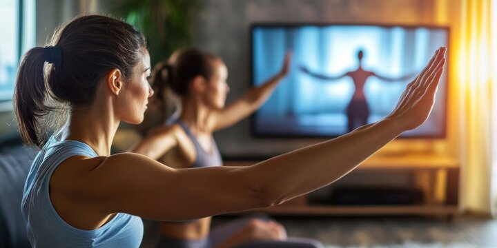 American couple doing at home online in front of TV screen showing exercise teaching stretching yoga exercise exercise