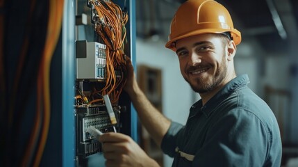 male technician wearing a hard hat Check the fuse box with multimeter probes. Consumer cabinet