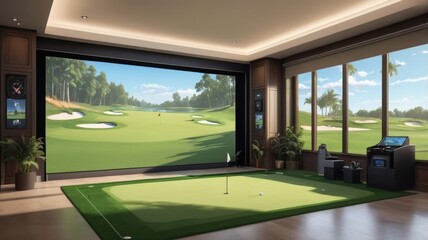 Sleek Interior of a Modern Indoor Golf Simulator Club with Advanced Technology and Vibrant Decor