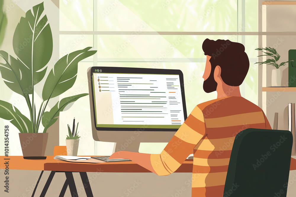 Poster man is sitting at a desk with a computer monitor in front of him. he is typing on a keyboard and has