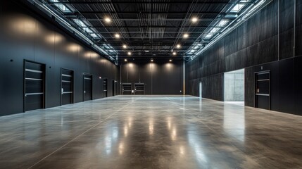 warehouse showcases self-service containers, sleek black doors, and a polished concrete floor