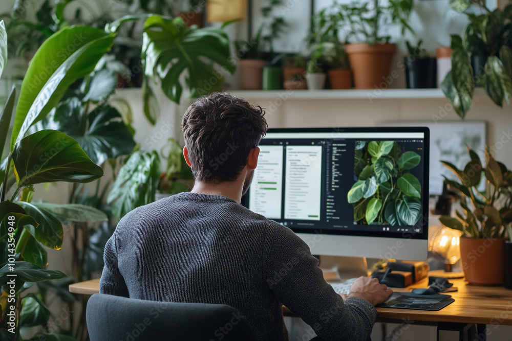 Poster man is sitting at a desk in front of a computer monitor. he is typing on the keyboard and looking at