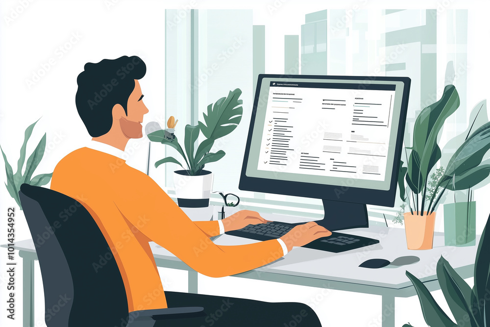 Poster man is sitting at a desk with a computer monitor in front of him. he is typing on a keyboard and has