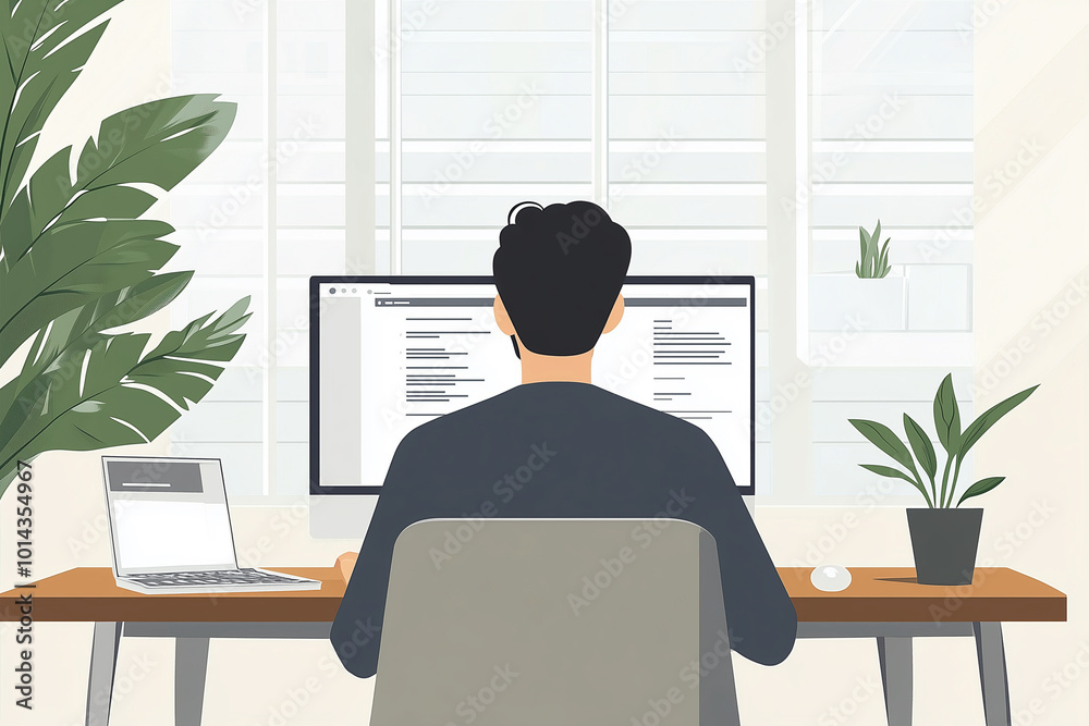 Poster man is sitting at a desk with a computer monitor in front of him. the desk is cluttered with papers 