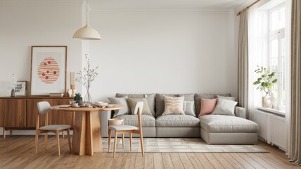 Modern Living Room with Sectional Sofa & Wooden Dining Table