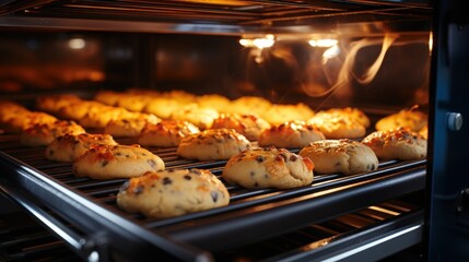 Freshly baked cookies cooling on a rack in an oven with warm light and steam emanating from them