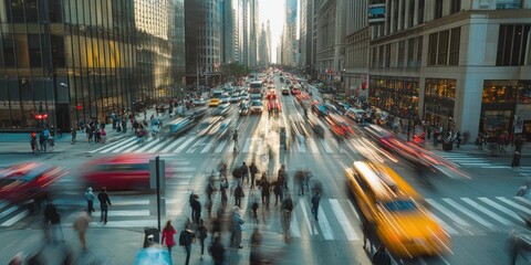 daylight busy urban downtown city crowd people commuter transportation intersection street