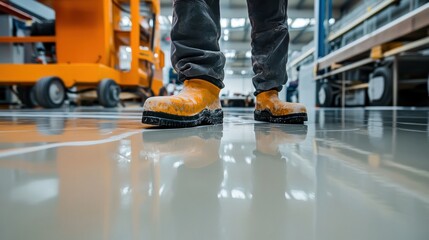 Worker, coating floor with self-leveling epoxy resin in industrial workshop.