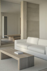 Modern minimalist living room with white sofa and wooden coffee table in stylish interior