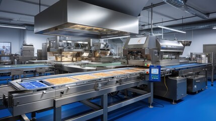 Naklejka premium Conveyor belts in a food processing facility, featuring stainless steel equipment and automated systems, showcasing the efficient production of baked goods.