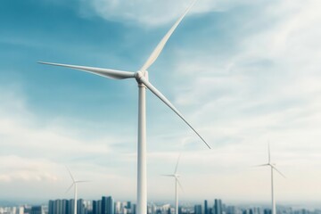 Fototapeta premium Futuristic city skyline with wind turbines and solar panels, overlay of global financial data supporting green growth Green economy, global finance, business