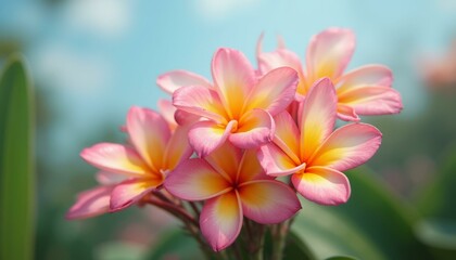 Fototapeta premium Tropical Pink and Yellow Plumeria Flowers in Pinwheel Shape Against a Clear Blue Sky