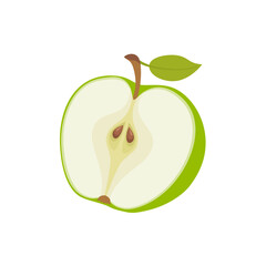 Green apple cut in half. Vector cartoon flat illustration of fresh fruit. 