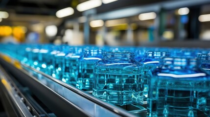 A conveyor belt carries rows of clear blue glass jars, each filled with a translucent liquid, showcasing the intricate process of manufacturing and bottling