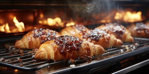 Freshly Baked Croissants with Sweet Glaze Cooling on a Wire Rack in an Oven with a Glowing Fire