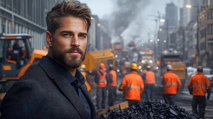 A businessman in a suit observing workers transporting coal through the streets of Newcastle, symbolizing the redundancy of an outdated task in a modernized world. Ultra-Realistic, Photo Realistic 