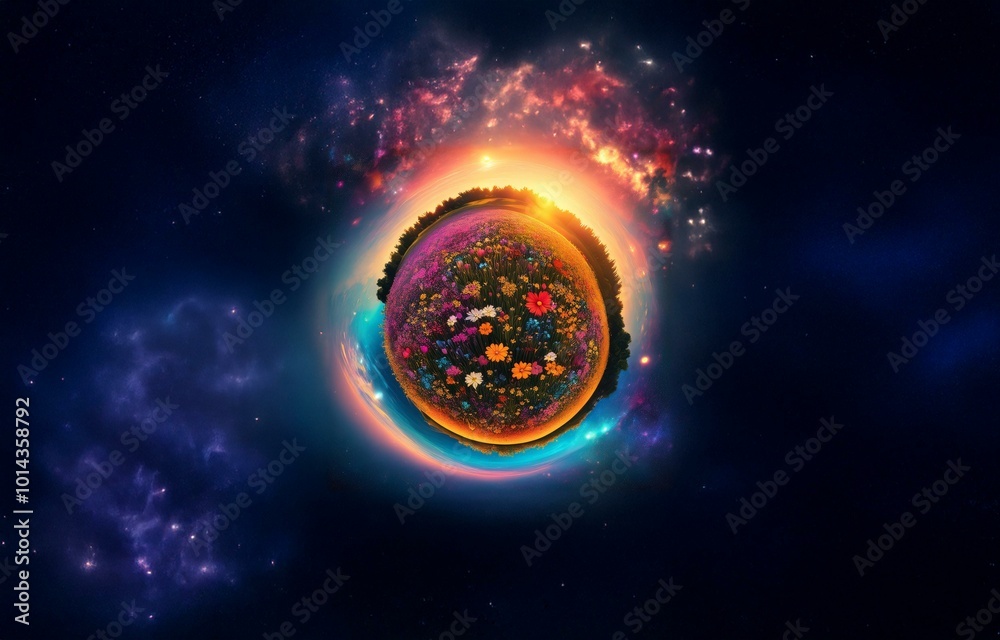 Poster a circular sphere of colorful wildflowers and a green tree line in a starry, swirling, nebula-like b