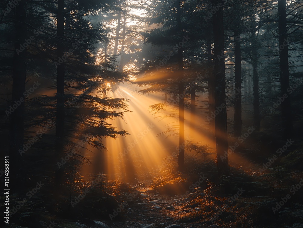 Wall mural misty forest with sun rays illuminating a path through the trees.