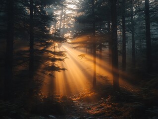 Obraz premium Misty forest with sun rays illuminating a path through the trees.