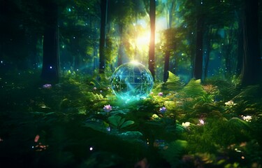 Obraz premium A glowing sphere rests in a forest clearing surrounded by vibrant green foliage and scattered pink flowers.