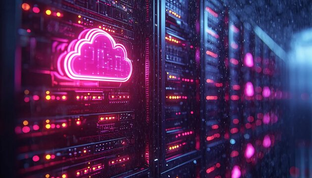 Futuristic Cloud Technology: Server Rack with Illuminated Cloud Icons in Modern Data Center