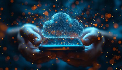 Technology Professional Monitoring Cloud Storage on Smartphone Among Server Equipment, Close-Up