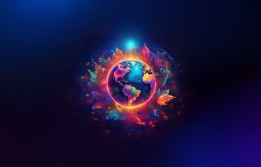 Obraz premium A glowing Earth surrounded by colorful abstract feathers against a dark blue background.