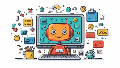 Cheerful Cartoon Robot Typing on Computer Surrounded by Colorful Software Application Icons - Vibrant Illustration Style