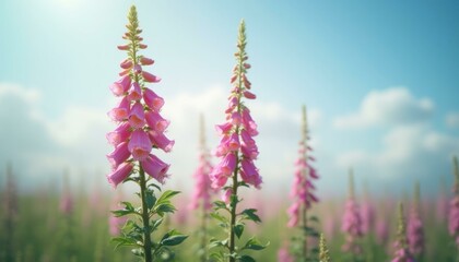 Obraz premium Lush Foxglove Flower Spike Surrounded by Green Plants Under a Bright Blue Sky
