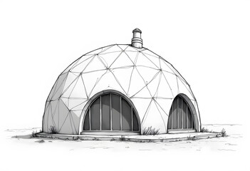 Obraz premium Geodesic dome black and white sketch exterior front elevation. geodesic structure with a big panoramic window and a little chimney 