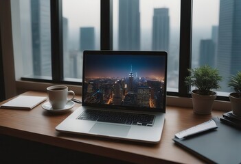 Fototapeta premium On a desk, an open laptop is present alongside two cups of coffee
