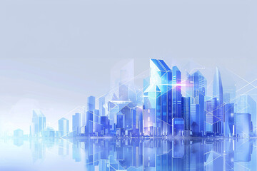Obraz premium A digital cityscape featuring sleek blue and white gradient skyscrapers linked by glowing geometric patterns, representing futuristic technology. Ideal for branding, presentations, and web design