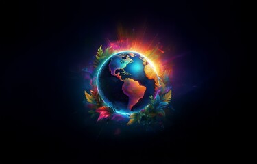 A glowing, stylized globe with abstract, colored leaves surrounding it.