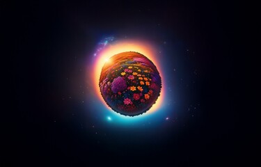 Fototapeta premium A spherical planet covered in colorful flowers with a glowing ring surrounding it against a dark, starry background.