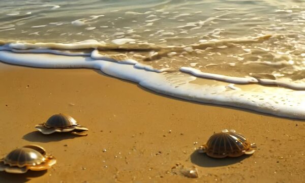 Beach sand with waves and shells or hermit crabs 