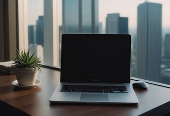 Fototapeta premium On a desk, an open laptop is present alongside two cups of coffee