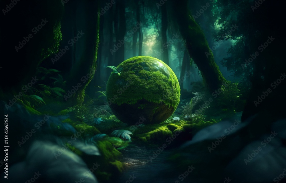 Poster a mossy orb sits in the center of a dark and misty forest.