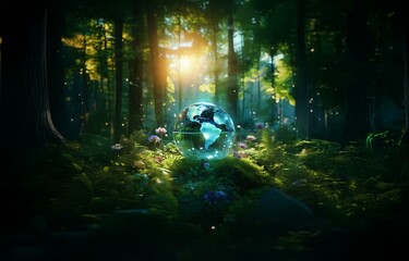 Obraz premium A glowing glass globe sits in a mossy clearing in a lush forest, with sunlight filtering through the trees.
