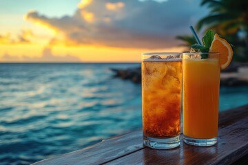 Obraz premium Two refreshing cocktails resting on a railing by the ocean at sunset