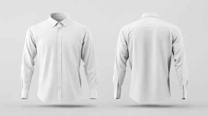 3D mockup of plain white long-sleeve collared shirt, front and back views for print design presentation, with clear backdrop and natural lighting