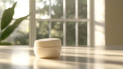 Abstract 3D object shaped like a face cream jar in a studio setting, clear windows in the background, natural lighting from the window